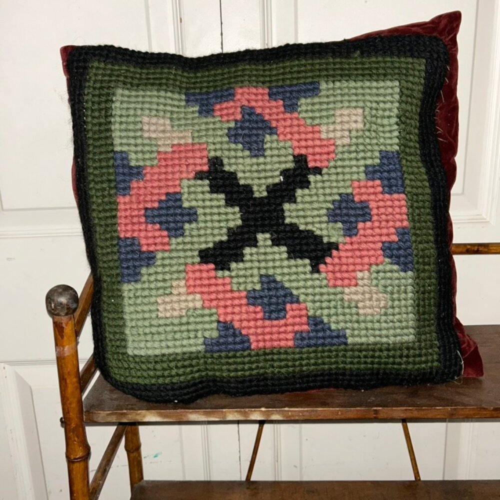 Antique Crewel hooked rug burgundy pink green  velvet throw pillow